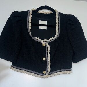 Sandro Paris Black Cropped Tweed Jacket with Cream Lace